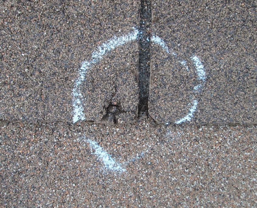 Close up view of a spot with hail damage on a shingle